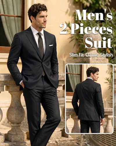 MY'S Men's 2 Piece Suit with Tie, One Button Slim Fit Solid Jacket and Pants Set, Suits for Men Party Prom Wedding & Business, Black