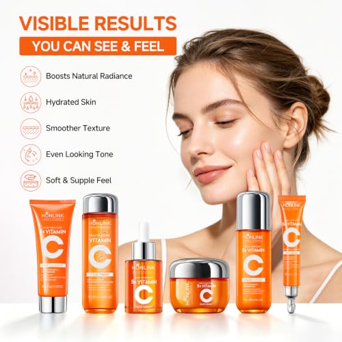 Vitamin C Niacinamide Skincare Set, Daily Facial Care Routine with 6-Piece