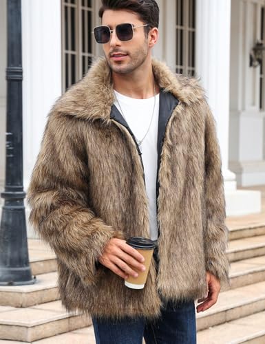 Arssm Mens Faux Fur Coats Winter Furry Fur Jacket Warm Fluffy Shaggy Jackets(Brown-L)
