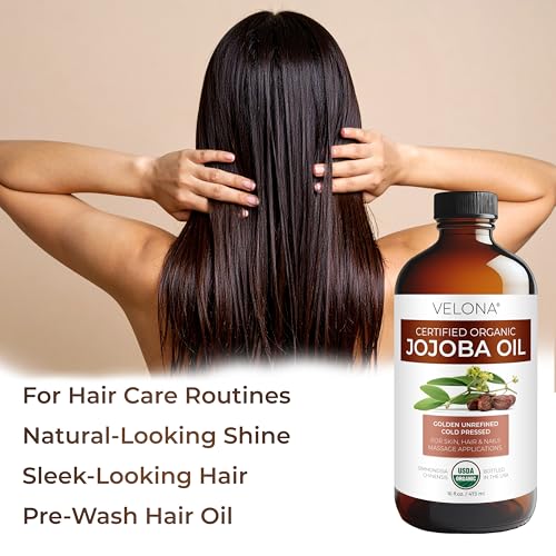 velona USDA Organic Jojoba Oil - 16 fl oz Glass Bottle, Cold Pressed, Pump