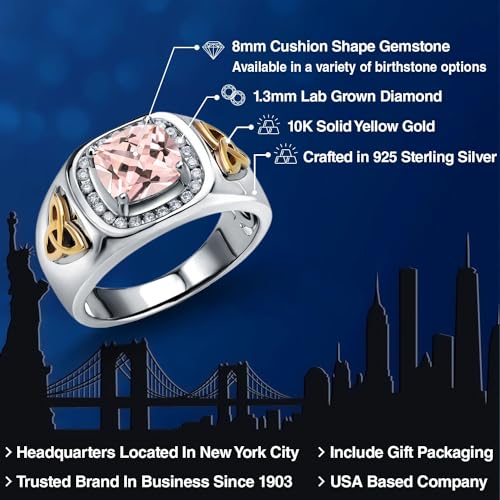 Gem Stone King 2.26 Ct Peach Nano Morganite and Lab Grown Diamond Men's Ring | 925 Silver and 10K Yellow Gold | Cushion 8MM | October Birthstone | Available in Size 7, 8, 9, 10, 11, 12, 13 | Size 11
