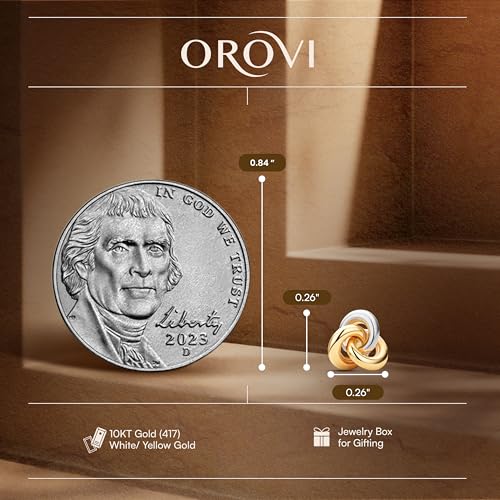 Orovi Stud Earrings for Women, 10k 417 Solid Yellow and White Gold Two-Tone 0.25Inch Knot Design, Secure Post and Butterfly Back, Hypoallergenic Earrings, Delivered in Jewelry Box