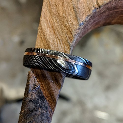 Damascus Steel Wedding Bands USA Made 14k Rose Gold Rings Damascus Rings