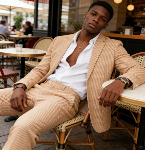 Seersucker Slim Suits Men Formal Summer Beach Wedding Grooms 2 Piece Blazer Pants Party Striped Suit Orange S