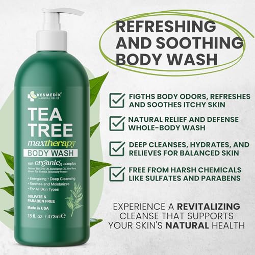 KESMEDIK Tea Tree Body Wash MaxTherapy with Eucalyptus, Aloe & 100% Tea Tree Oil for Skin, Cleans, Soothes and Refreshes Sensitive, Itchy Skin, Body & Foot Soap for Men & Women, 2-Pack