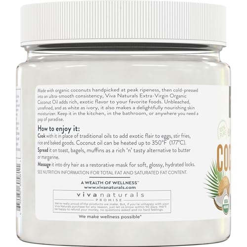 Viva Naturals Organic Coconut Oil, 16 fl oz – Unrefined, Cold-Pressed Extra Virgin Coconut Oil, USDA Organic & Non-GMO, Natural Cooking Oil, Hair Oil & Skin Oil