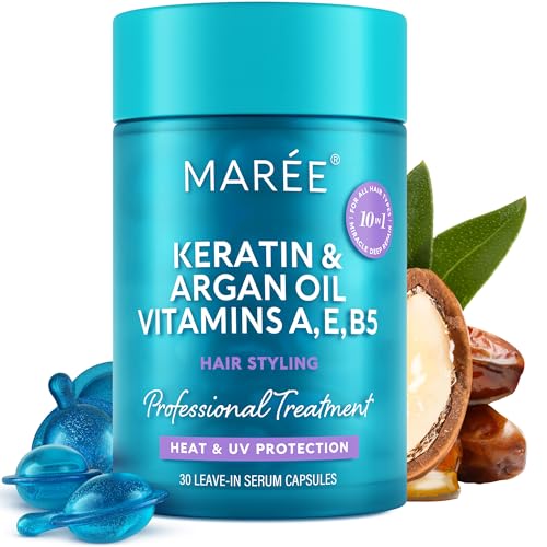 MAREE Hair Serum for Frizzy Dry Hair – Styling Capsules with Keratin, Argan Oil, Vitamins A E B5 – UV & Heat Protectant Frizz Control Serum for Women – Aceite Para el Cabello Treatment