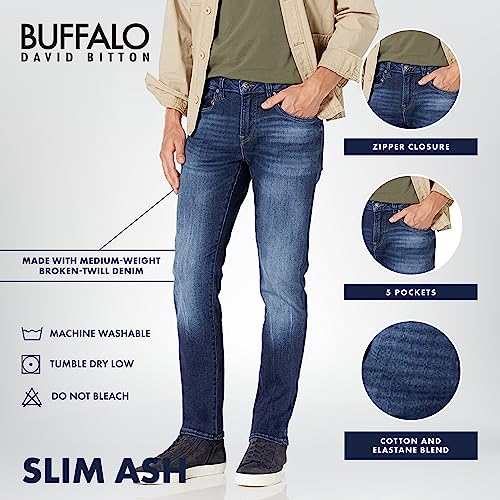 Buffalo David Bitton Men's Slim Ash Jeans, Sanded and Faded Indigo, 36W x 32L