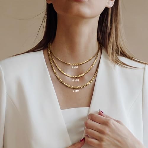 Abbie+Cleo 10K Real Gold Rope Chain Necklace for Men and Women - Cadena de Oro para Hombres y Mujeres - (10k - 5mm - 22 Inch)