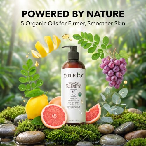 PURA D’OR 16 Oz Organic Anti-Cellulite Massage Oil for Toned Legs and Butt - Lemon Peel, Moringa, Grape Seed, Grapefruit & Eucalyptus Oils - Skin Firming & Tightening