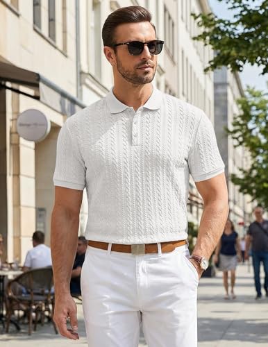 JMIERR Polo Shirts for Men Classic Fit Casual Ribbed Button Down Shirt Quiet Luxury Clothes Casual Collared Shirt, US43(L), White