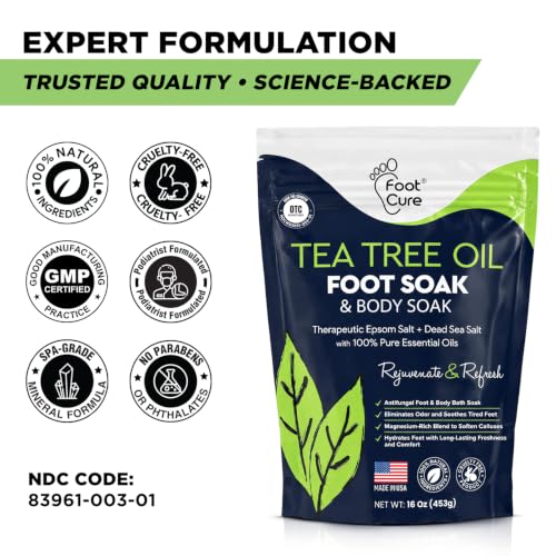 FOOT CURE Tea Tree Oil Foot Soak with Epsom Salt - Best Toenail Fungus Treatment, Athletes Foot & Softens Calluses - Soothes Sore & Tired Feet, Fungal Toe, Foot Odor Scent, Spa Pedicure (Pack of 2)