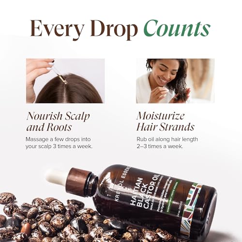 Kreyol Essence - Haitian Black Castor Oil for Skin and Hair, Glass Bottle - Cold Pressed Castor Oil, Fuller-Looking Hair, Hexane Free, Natural Humectant | 3.4 Fl Oz | Rosemary Peppermint