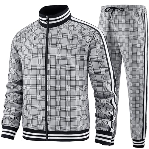 Aiozowa Track Suits for Men Set Plaid Jogging Tracksuit Mens 2 Piece Sweatsuits Jogger Sweat Suits Two Piece Sport Leisure Clothes Outfits Black White KEW-KE05-M