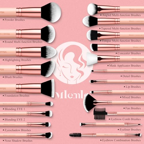 Makeup Brushes Set, Mlemle Professional 26 Pcs Makeup Kit, Include Powder Foundation Concealers Blush Eye shadows Eyebrow 21 Pcs Makeup Brushes and 2 Powder Puff, 3 Makeup Sponge(A01-Pink)