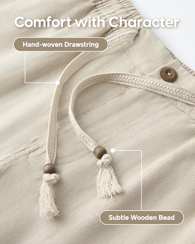 maamgic Mens 100% Linen Shorts Casual Drawstring Elastic Waist, Breathable Summer Shorts for Men Beach Vacation with Pockets Light Khaki