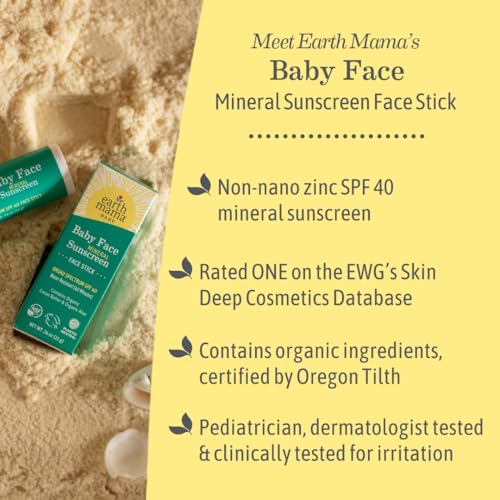 Earth Mama Baby Face Mineral Sunscreen Stick SPF 40-0.74 oz - Non-Nano Zinc - Broad Spectrum Sunscreen for Babies, Kids & Family - Water Resistant Sun Protection