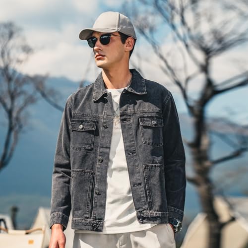 ZVX Denim Jacket for Men Vintage Autumn and Winter Tops Men Lightweight Denim Jacket Dark Gray X-Large
