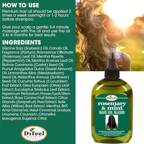 Difeel Rosemary and Mint Hair Oil Blend with Biotin 7.1 Ounce - Strengthening Scalp & Hair Treatment Oil Blend, Nourishes Dry Damaged Hair, Adds Shine & Moisture