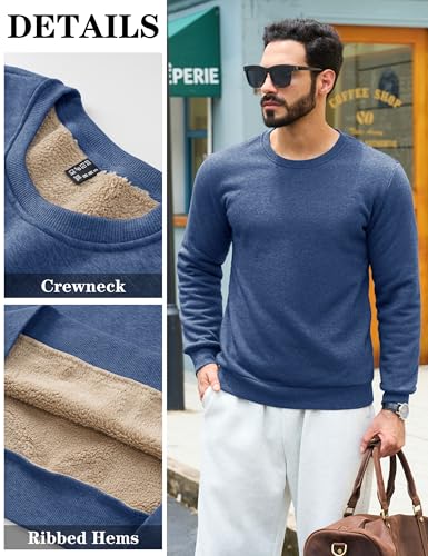 TACVASEN Sherpa Lined Sweatshirt Men Crew Neck Sweatshirt Warm Winter Fleece Lined Shirts Soft Thick Heavyweight Sweatshirts Blue grey