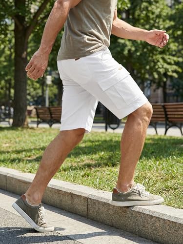 JMIERR Mens Casual Twill Cargo Shorts Cotton Drawstring Classic Cargo Chino Stretch Short with 6 Pockets for Men, US42(3XL), A White