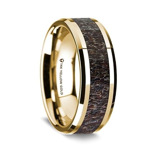 Thorsten 14K Yellow Gold Polished Beveled Edges Wedding Ring with Dark Deer Antler Inlay - 8 mm