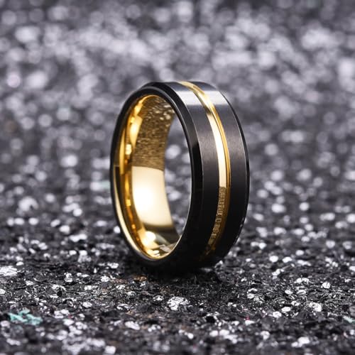 King Will 8mm Tungsten Wedding Band Black & Gold Grooved Center Size 10