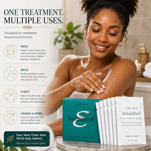 Earthen Instant Peel Exfoliating Packets – Gentle Face & Body Exfoliator for Smooth, Glowing Skin – Removes Dead Skin Cells Without Harsh Acids – Single Use Treatment, 6 Count