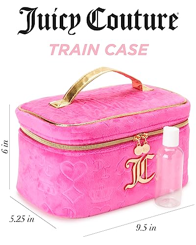 Juicy Couture Hot Pink Makeup Bag Cosmetics Organizer Travel Essentials Train Case Velour Heart Crown
