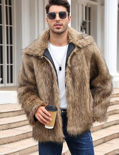 Arssm Mens Faux Fur Coats Winter Furry Fur Jacket Warm Fluffy Shaggy Jackets(Brown-L)
