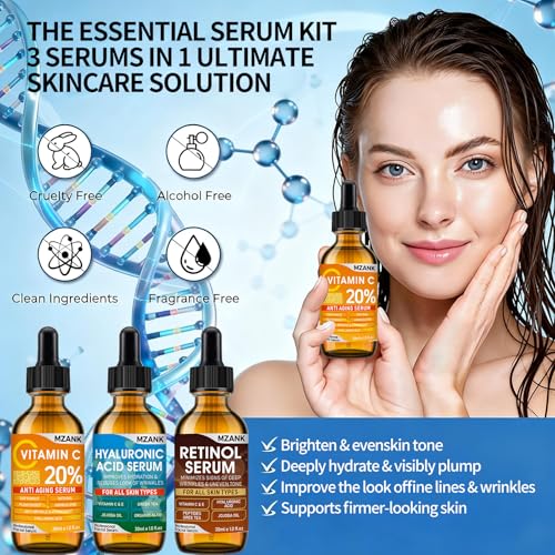 3 Pack Face Serum Skin Care Set-Includes Vitamin C, Hyaluronic Acid & Retinol Serums for Face-Brightening, Anti-Aging,Hydrating Facial Serums-AM, PM & All-Day Skincare Routine