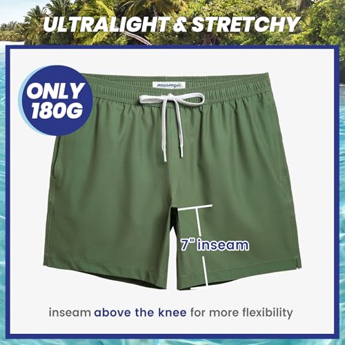 maamgic Mens 7" Stretch Swim Trunks Quick Dry Mesh Lining Swimwear Bathing Suits Solid Army Green Large