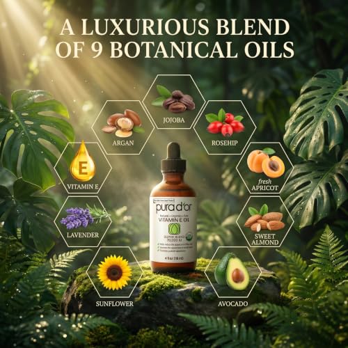 PURA D'OR ORGANIC Vitamin E Oil 70,000 IU Blend for Body Face Care, 4 fl oz