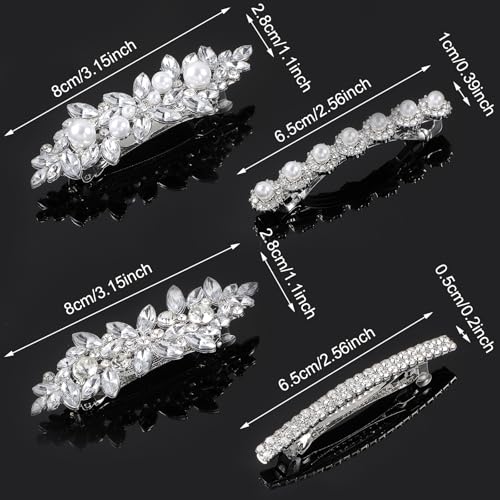 Nogeqi 4PCS Sparkly Rhinestone Hair Clips for Women, Silver Flower Crystal Hair Clips, Metal Alloy Rhinestone Barrettes Accessories for Wedding, Party, Everyday