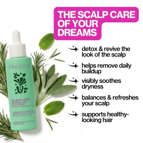 Pacifica Scalp Love Rosemary Mint Serum - Dry, Flaky, and Itchy Scalp Serum, Hydrating, Moisturizing, and Calming Treatment Formulated with Witch Hazel, Vegan and Cruelty-Free - 2 Fl Oz