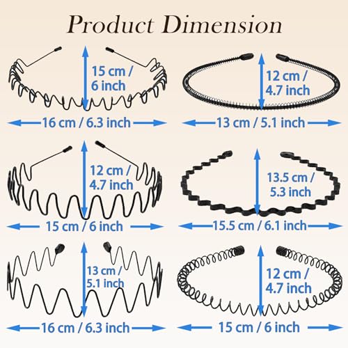 Metal Headband for Men, Zigzag Wire with Teeth, Non-Slip Adjustable 6 Pack