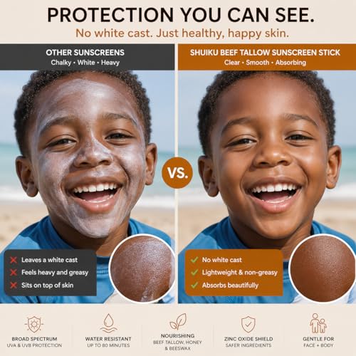 Beef Tallow Sunscreen Organic Stick SPF 50 – Non Nano Zinc Oxide Tallow-Based Mineral Sunscreen with Honey & Beeswax for Face & Body, Water-Resistant Natural Sunblock, 0.53 oz