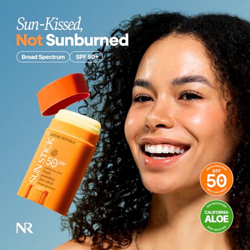 Nature Republic California Aloe Fresh Powdery Sun Stick Broad Spectrum SPF50+ | Korean Sunscreen, Travel Size Sunblock Stick, No White Cast, Non-Sticky, Water-Resistant, 0.71 oz / 21 g