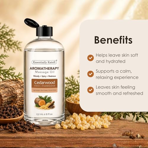Aromatherapy Massage Oil – Cedarwood, Clove & Frankincense with Fractionated Coconut Oil, Lightweight Non-Greasy, Very Long-Lasting Glide and Excellent Slip, 100% Natural, 8 FL Oz