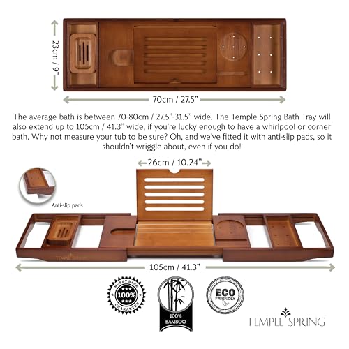 Temple Spring Bamboo Bathtub Tray Caddy for Tub — Expandable Wood Bath Tray with Solid Book Stand Wine Holder and Non-Slip Pads — Includes Bamboo Soap Dish and Spa Accessories — Luxury Bath Gift Set