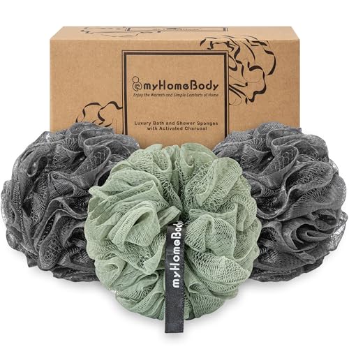 myHomeBody Large 70g Loofah Sponge, 2 Graphite Gray + 1 Sage Green, 3 Pack