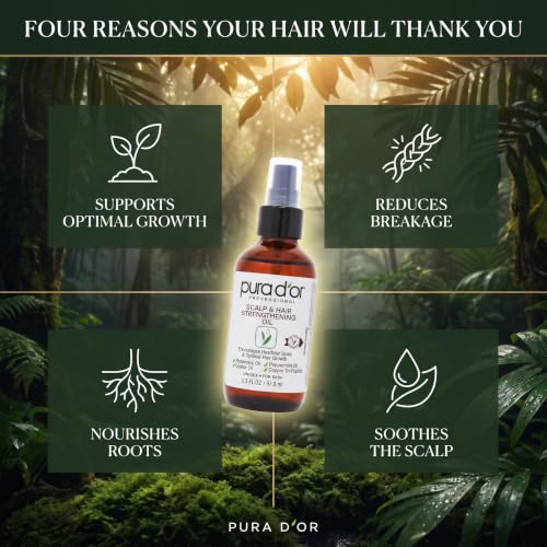 PURA D'OR Scalp & Hair Strengthening Oil Supports Optimal Growth, Reduce Breakage, Nourish Roots for Healthier, Fuller, Thicker Hair - Rosemary, Castor & Peppermint Oil: 3.3 Oz Ayurvedic Hair Care