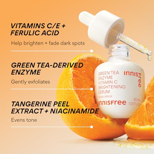 Innisfree Green Tea Enzyme Vitamin C Serum for Brightening | Sunspots, Post-Breakout Marks and Dark Spot Correction | Hydrating Korean Face Serum for Radiant Glow, 1.01 Fl Oz