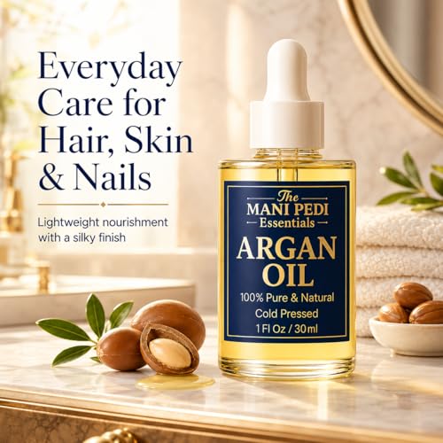 The Mani Pedi Essentials TMPE Argan Oil, Cold Pressed Hair and Skin Oil for Dry Hair, Face and Body Moisturizer, 1 Fl Oz