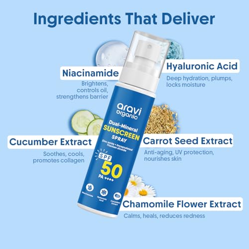 Aravi Organic Dual Mineral Sunscreen Spray Mist SPF 50 | Broad Spectrum | Water Resistant 80 Mi | Lightweight, No White Cast | Reef Safe + Oxybenzone Free | Zinc Oxide & Titanium Dioxide | 3.3 fl oz