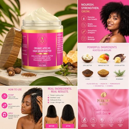 Chebe Hair Growth and Thickening Butter - Ayurvedic Deep Conditioner with Shea, Cocoa, Mango Butter, Fenugreek, and Rosemary for All Hair Types, 8 oz