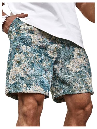 GORGLITTER Men's Floral Embroidery Drawstring Shorts Graphic Paisley Casual Gym Shorts Blue Medium