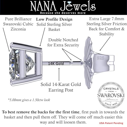 Central Diamond Center 14K Gold Posts & Sterling Silver Princess Cut CZ Stud Earrings Made with Swarovski Zirconia - 5.0mm 1.50cttw - Platinum Plated