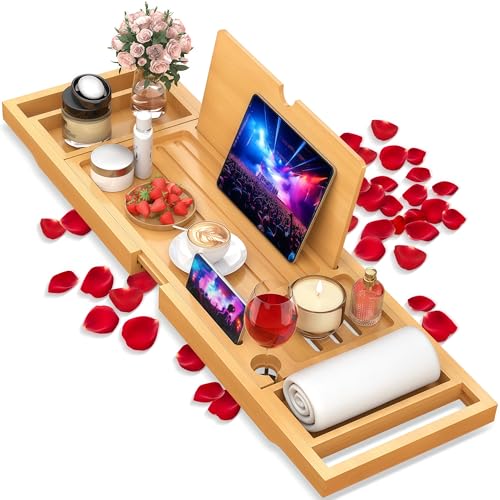 Premium Bamboo Bathtub Caddy Tray with Extending Sides, Adjustable Wood Bath Tray for Luxury Bath, Fits Most Tubs, Accessories Gift Idea