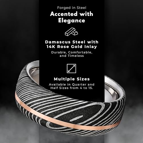 The Jewelry Source 7mm Damascus Steel Mens Ring with 14K Rose Gold Inlay – Comfort Fit Wedding Band – Textured Etched Grain Finish (8.75)